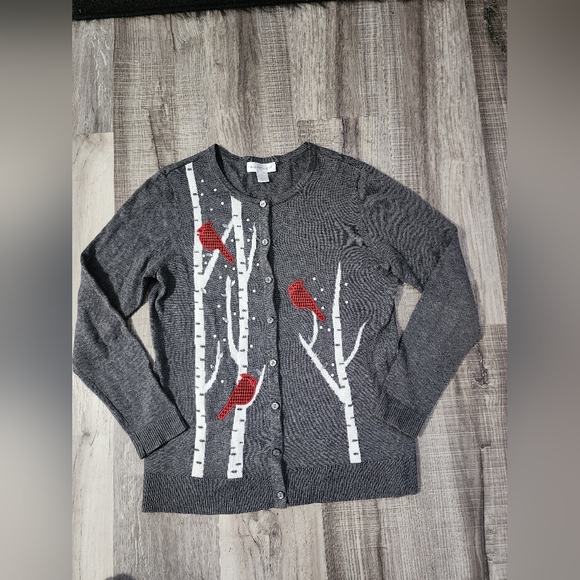 Christopher & Banks Sweaters - Gray Cardigan Sweater with Red Bird Design